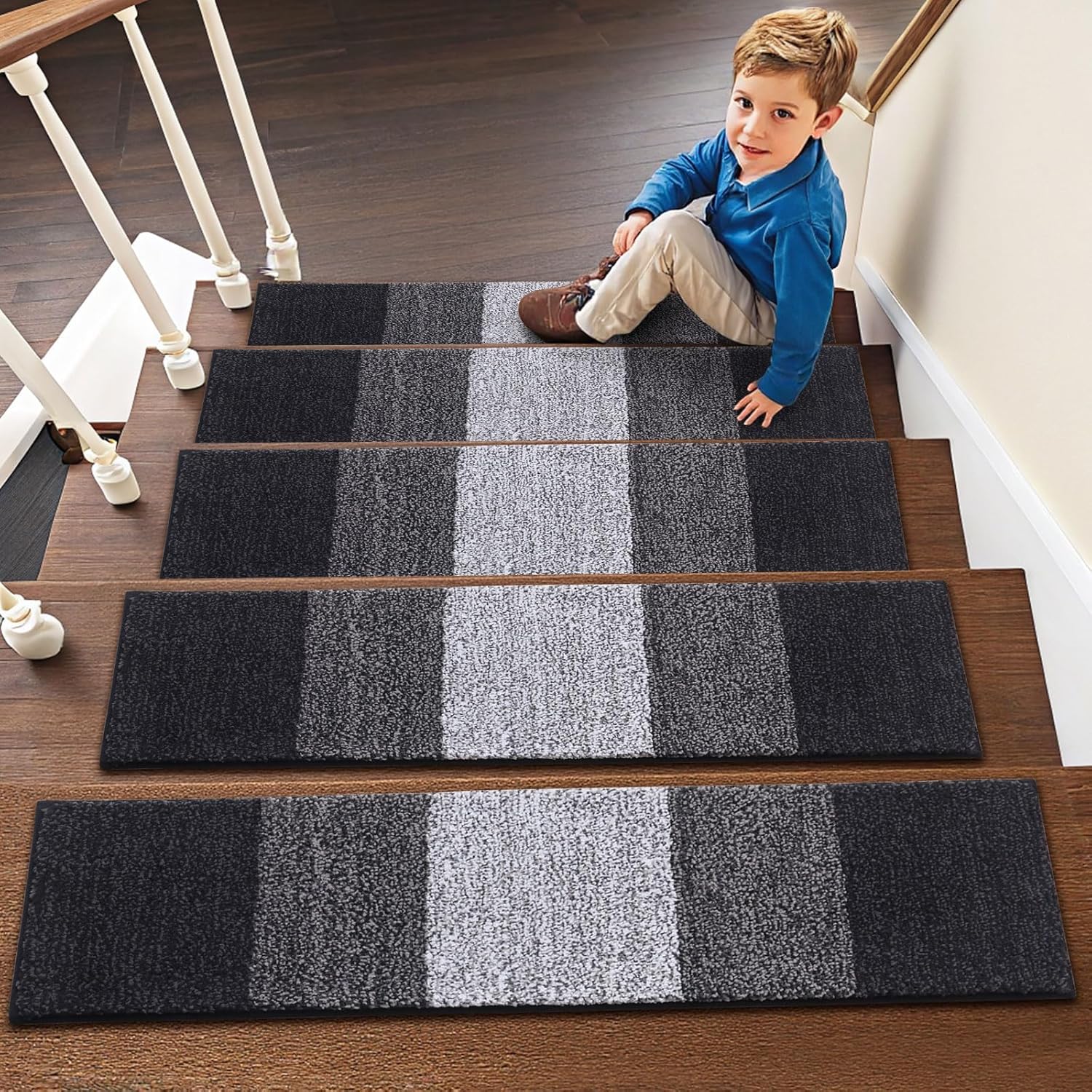 Vorya black adhesive stair rugs modern low-pile style