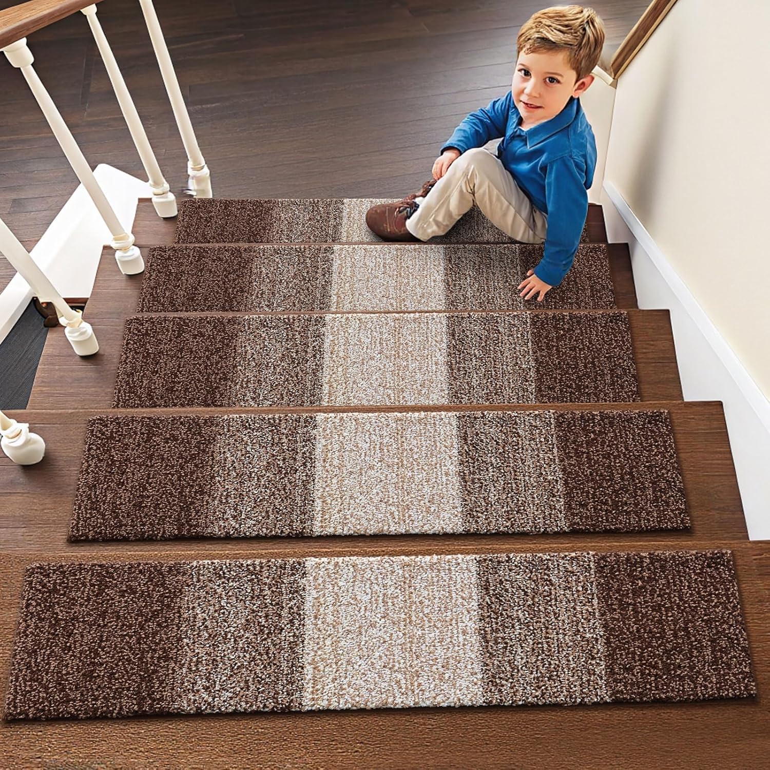 Vorya brown adhesive stair rugs with comfort polyester