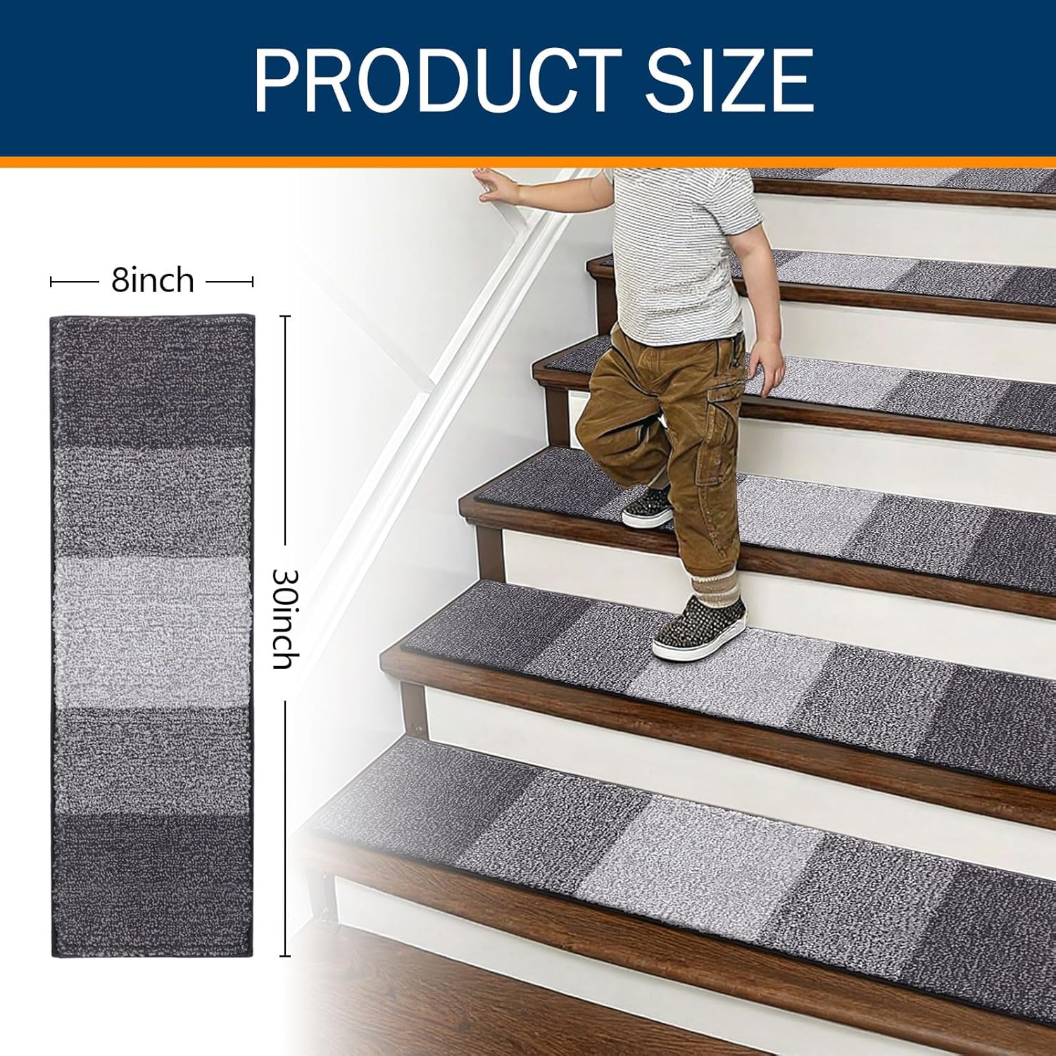 Vorya grey adhesive stair rugs with soft polyester