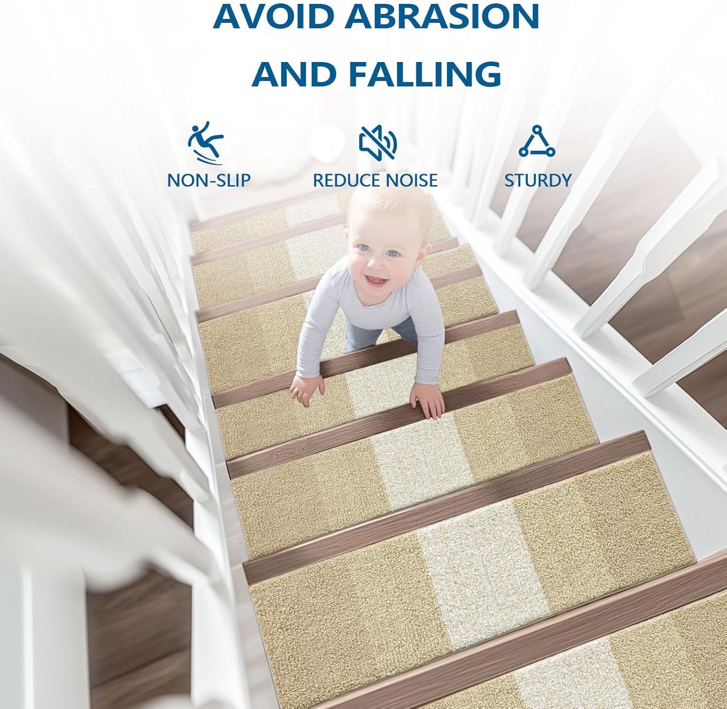 Vorya washable beige stair mats for wooden steps